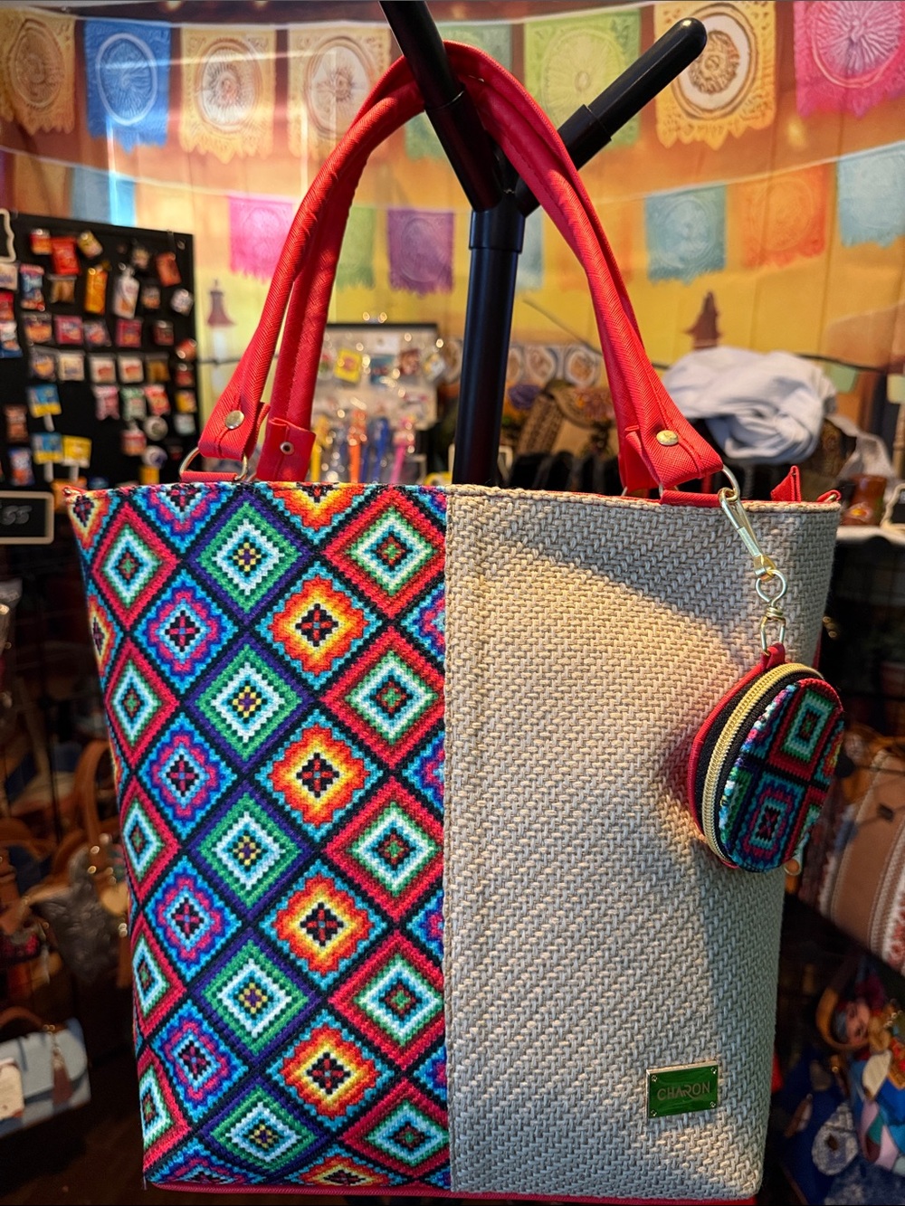 Embroidered Multicolor Tote with Red Handles
